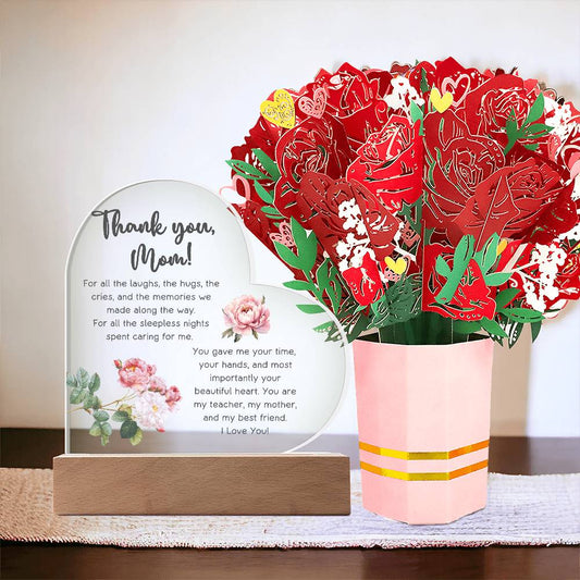 Thank you Mom, Laughs and Hugs - Heart Plaque & Bouquet Bundle